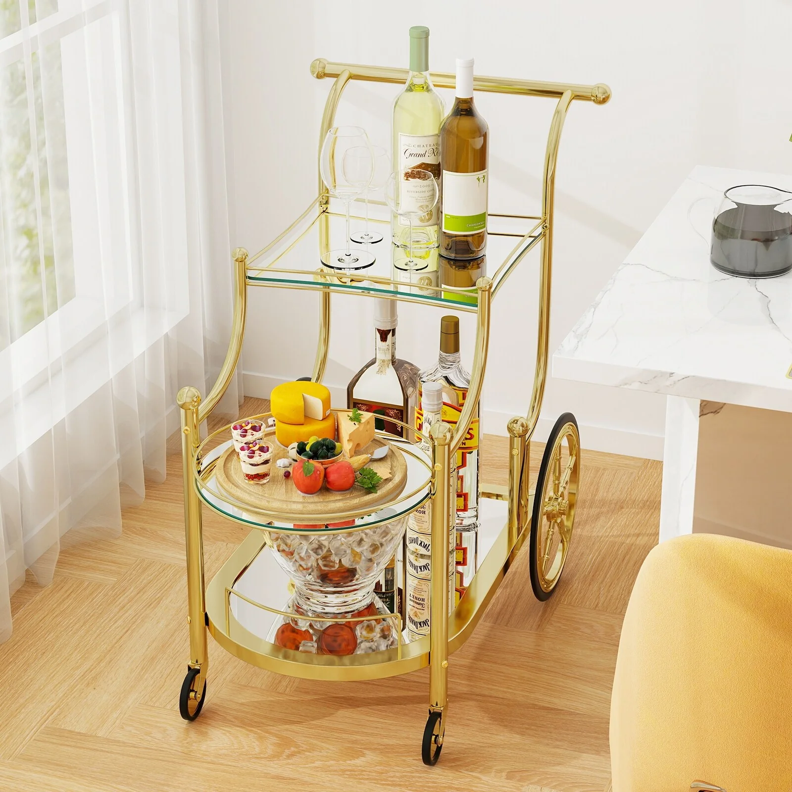 Gymax 3-Tier Home Bar Serving Cart on Wheels w/ Mirrored Shelves for