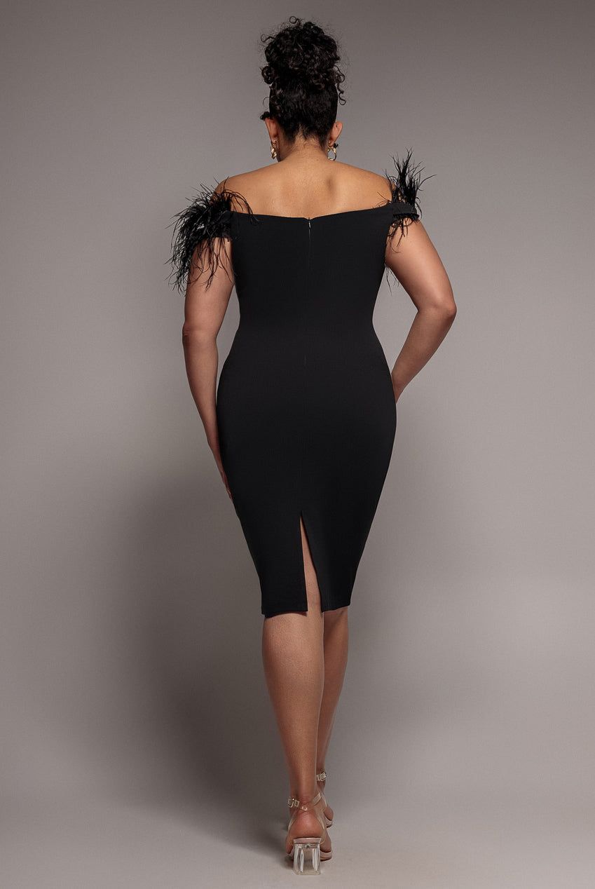 Goddiva Off The Shoulder Feather Midi Dress