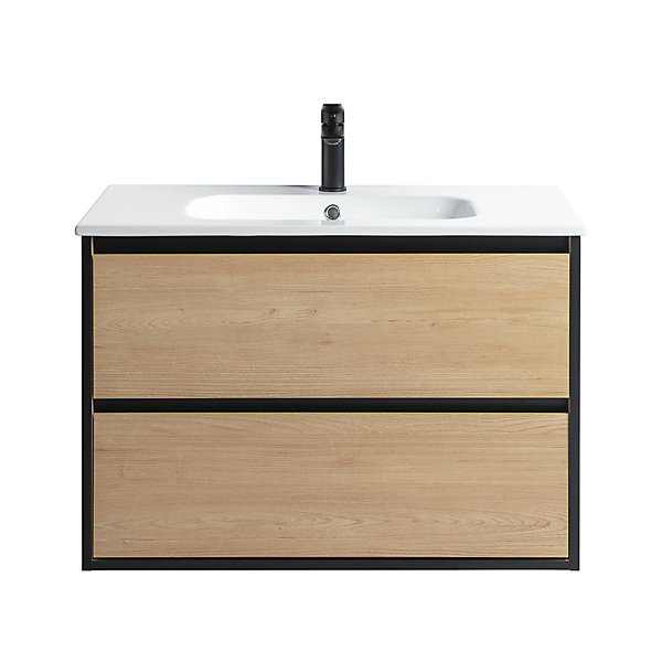 Ensemble Meuble prémonté 80 bois détail noir-Vasque céramique-Miroir RIMA - bain-bain