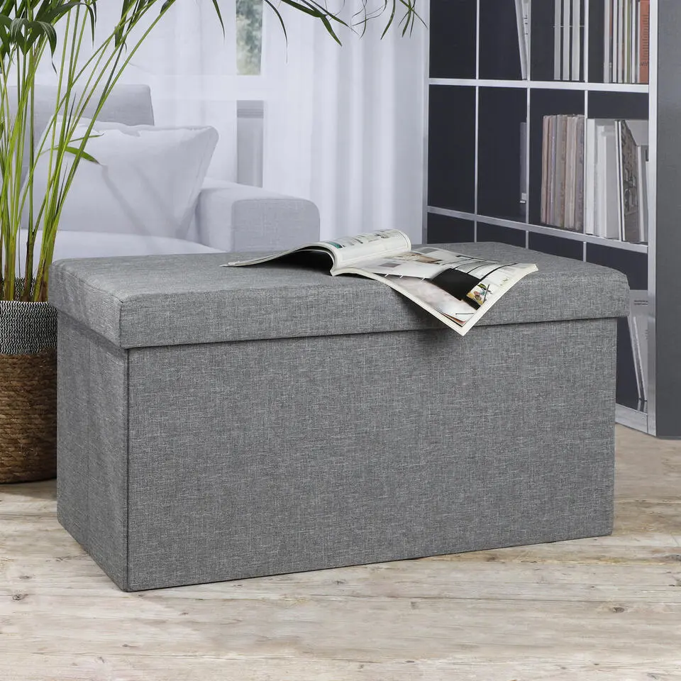 HI poef/hocker/opbergbox - grijs - mdf - 76 x 38 cm