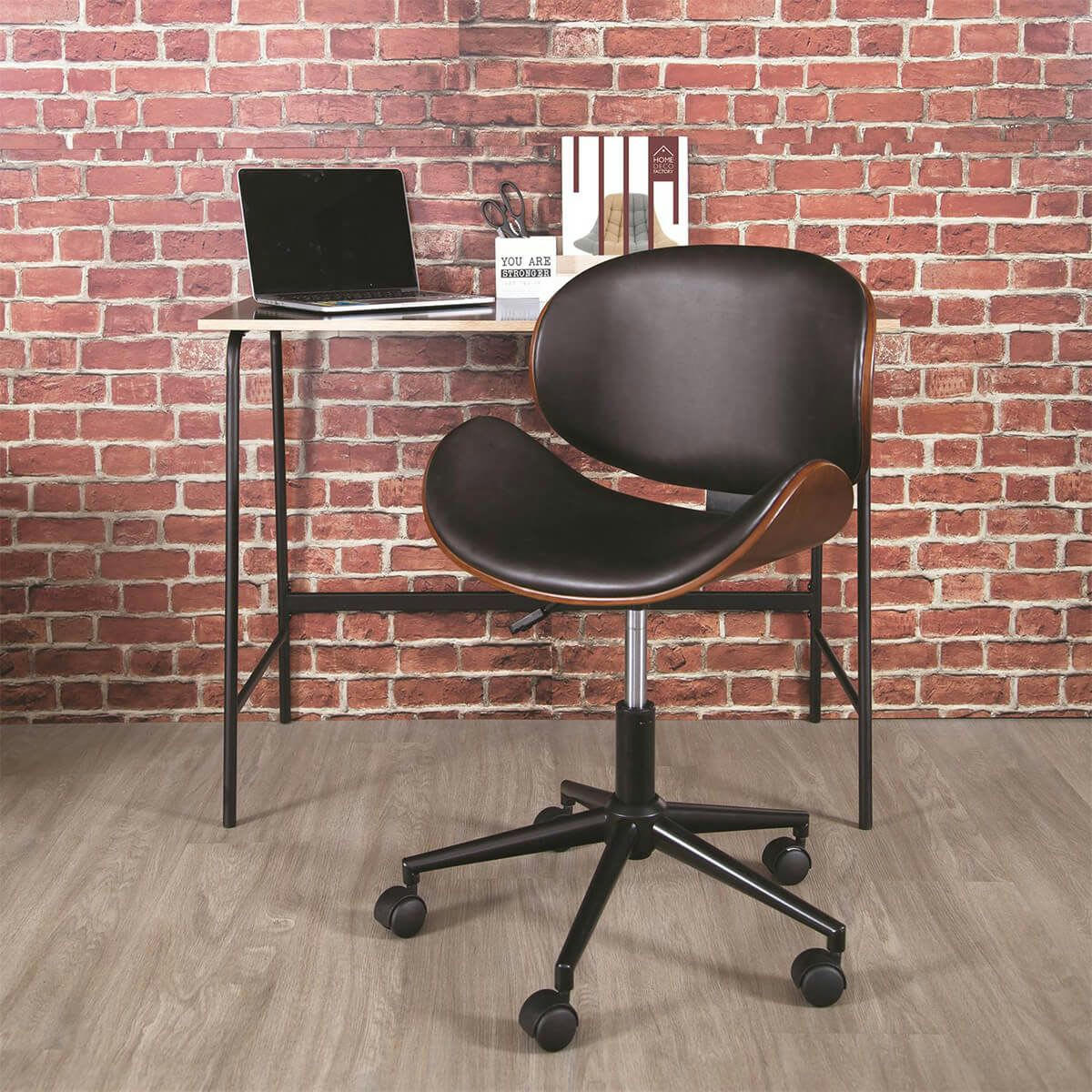 ROKIA - Chaise  de bureau simili noir marbré et contreplaqué marron