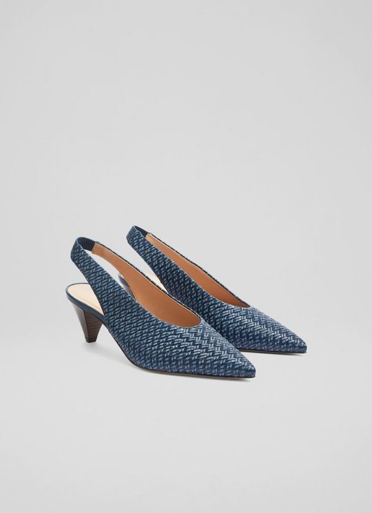 Paisley Navy Woven Leather Cone Heel Slingbacks