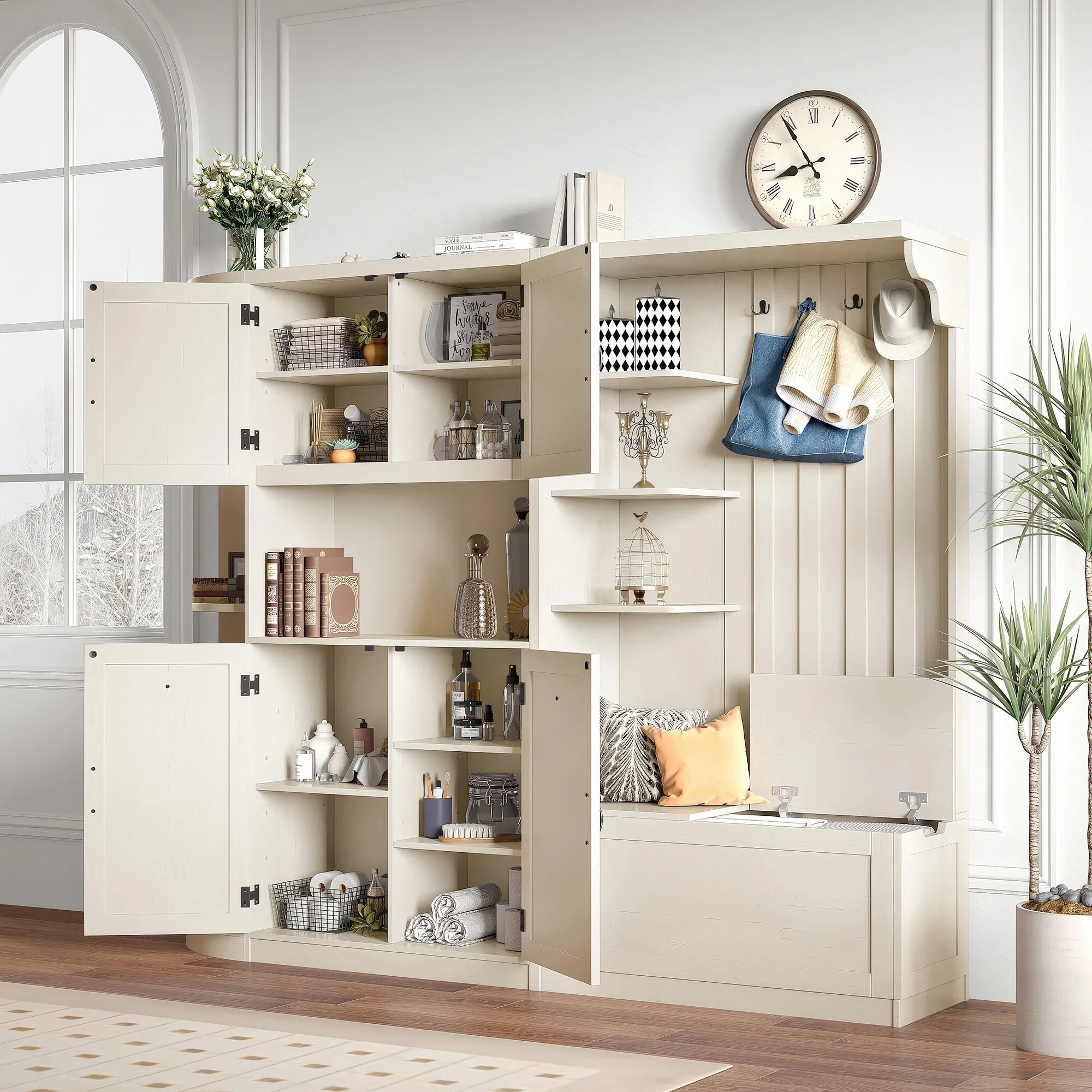 Multifunctional Left-Right Combination Hall Cabinet with Storage and 4 Hooks, 2-in-1 Hall Tree