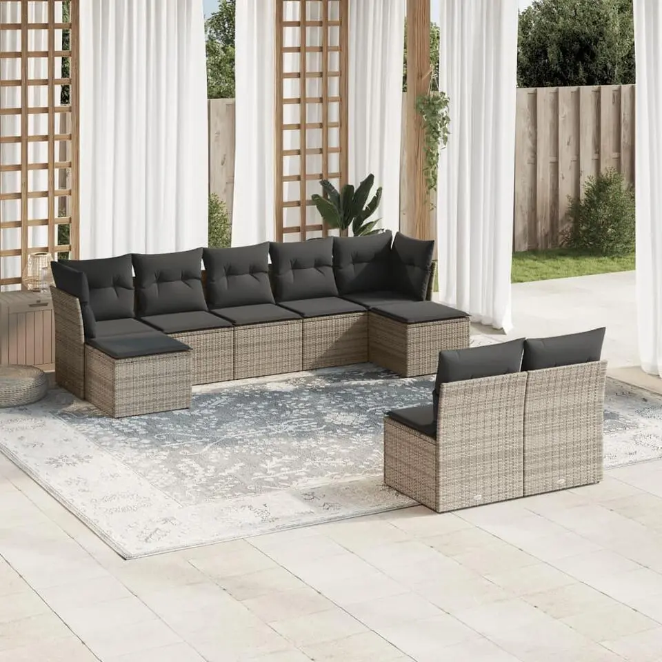 vidaXL 9-delige Loungeset met kussens en 2 krukkenken - Grijs - Poly Rattan