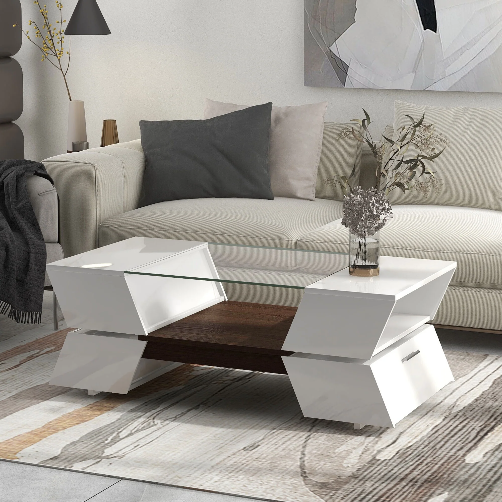 Double-Layer Coffee Table with Open Shelves, Geometric Cocktail Table with Storage, Glass-Top Center Table for Living Room