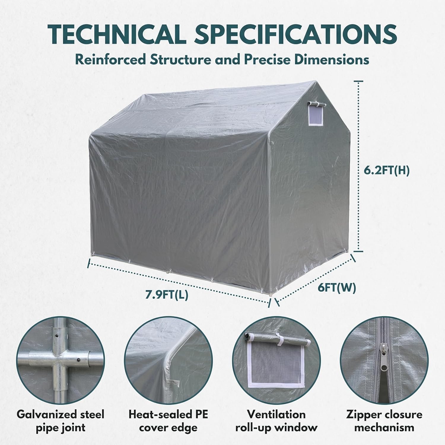 Outdoor Storage Portable Shed, 3/4 inch Thick Support Rods & Bolted Frame (Not Socket), Rolled Up Doors and Ventilation Window, Tent Garage 6 × 8 × 6 FT