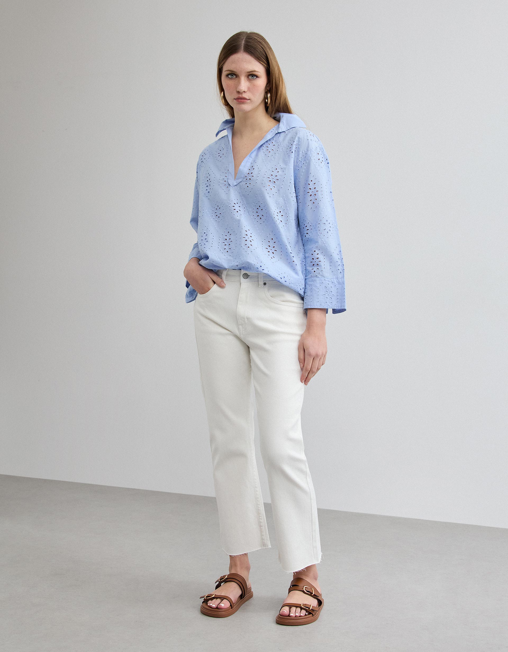 Calças de Ganga 'Straight Cropped', Mulher, Branco