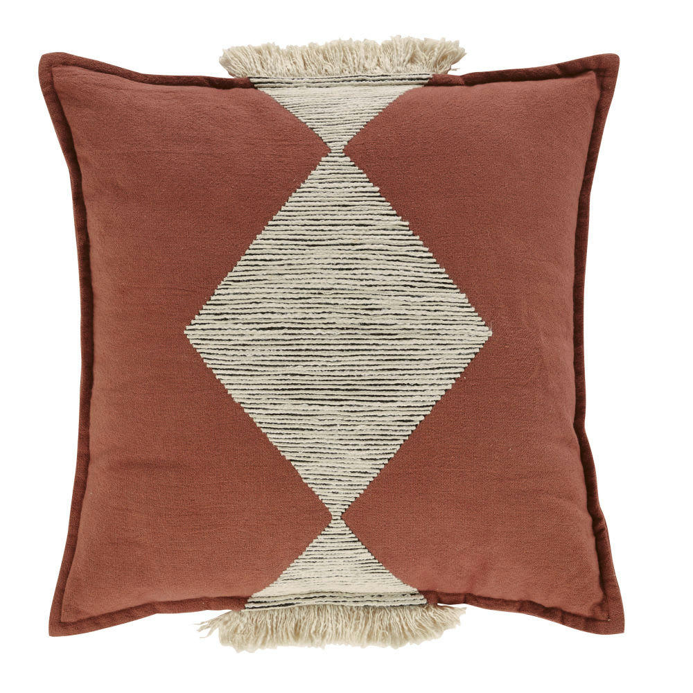 ASSIMA - Coussin tissé terracota brodé avec franges 45x45