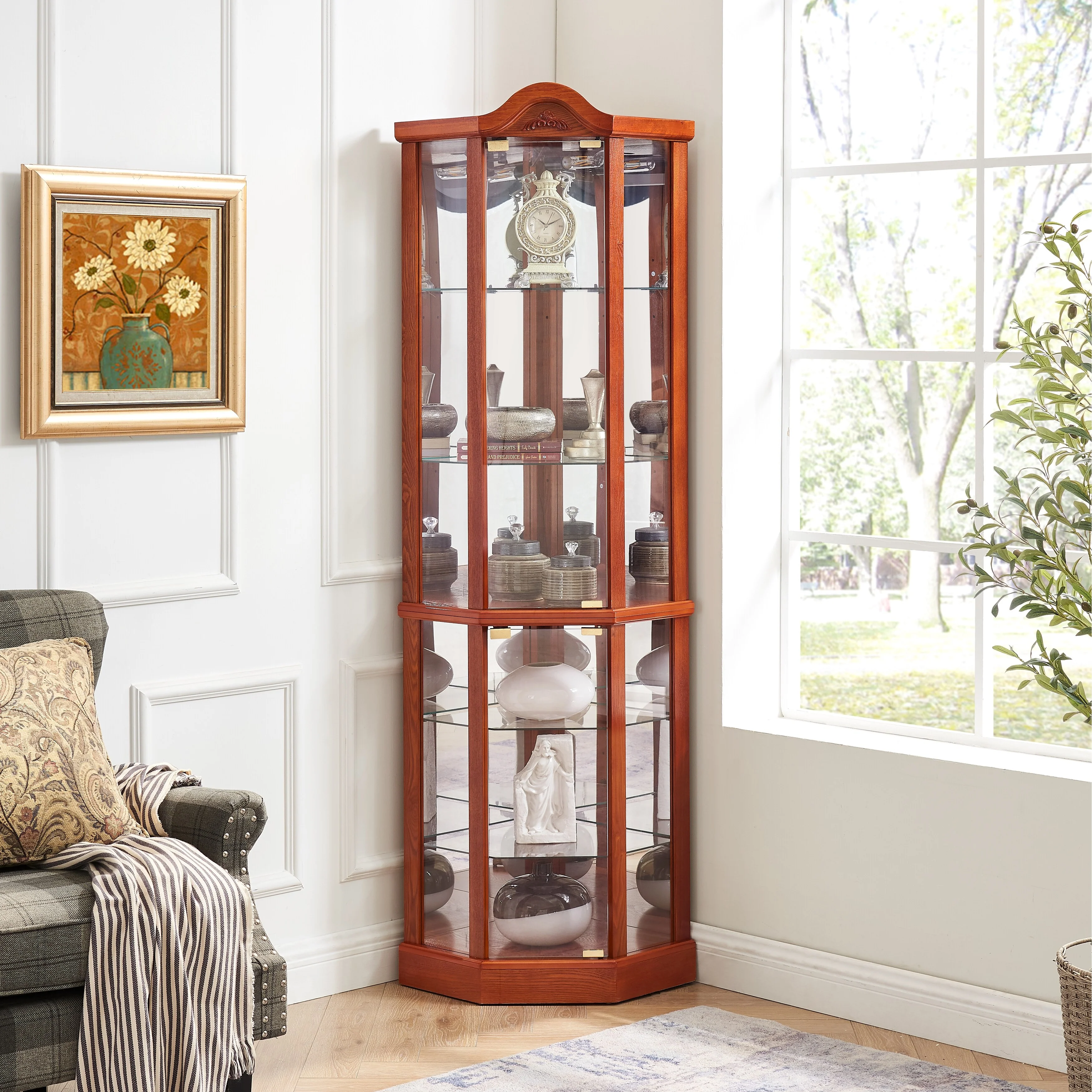 Roomfitters Wooden Corner Display Curio Cabinet, Lighted China Cabinet with Tempered Glass Door