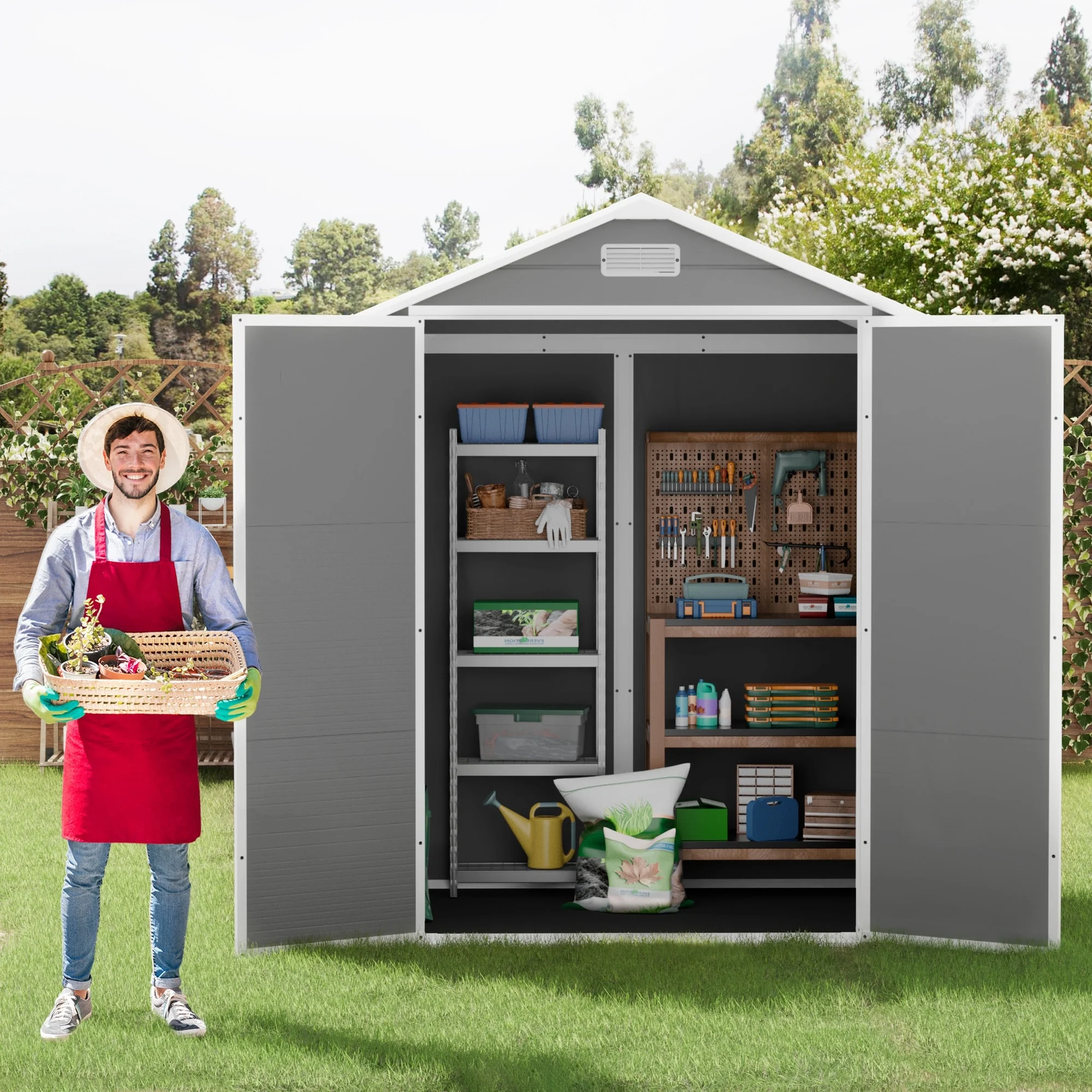 Furniwell 6x4/5x4 ft Outdoor Storage Shed, Plastic Weather Resistant Garden Shed, Pitched Roof,Lockable Door