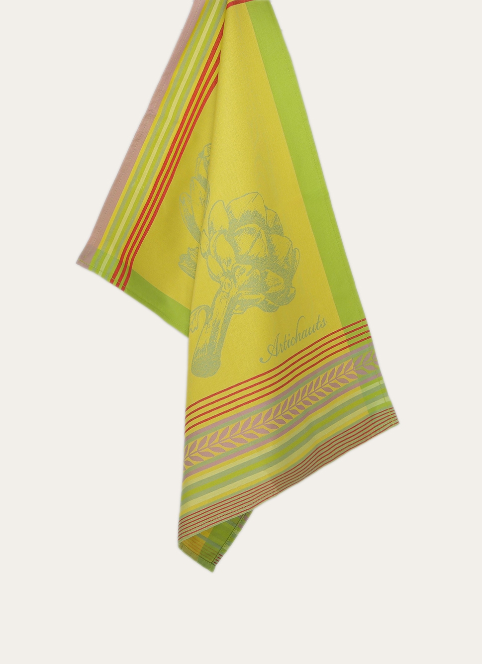 TORCHON EN JACQUARD MOTIF ARTICHAUT VERT