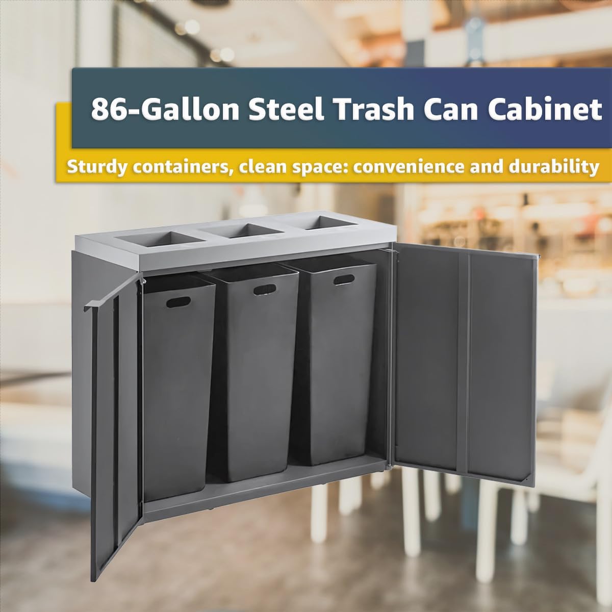 86-Gallon Commercial Steel Three-Stream Trash Can Cabinet, Recycling Center, Dark Gray