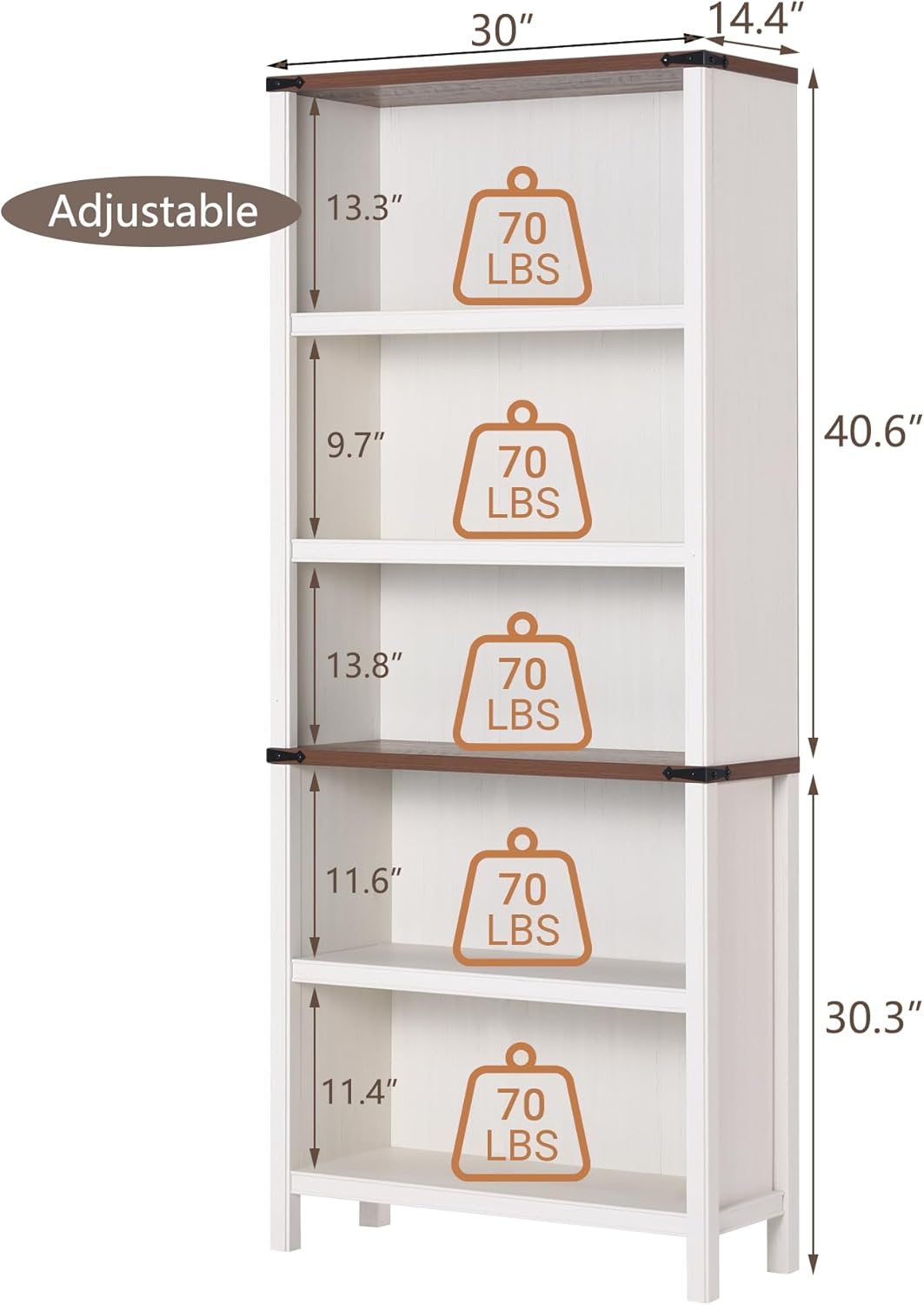 71 Tall Bookshelf, 5-Tier Farmhouse Bookcase, Free Standing Display Shelf & Storage Organizer for Living Room, Home Office, Bedroom,Antique White.