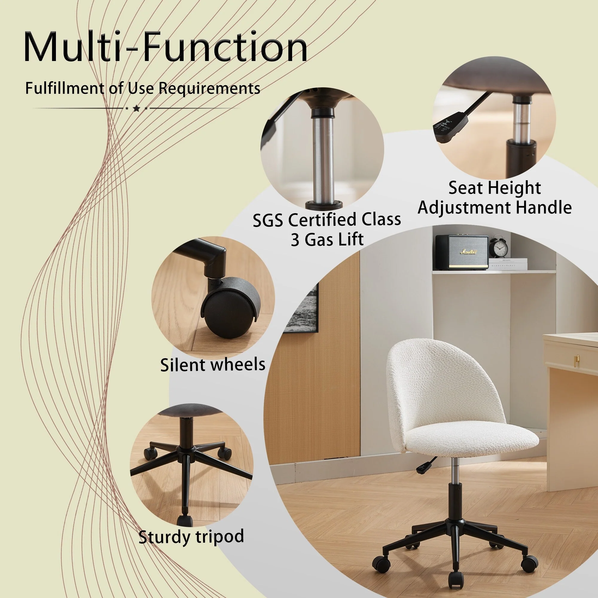 Versatile Ergonomic Office Chair, Velvet Fabric Vanity Chair with Wheels, Adjustable Rolling Swivel Computer Task Chair - N/A