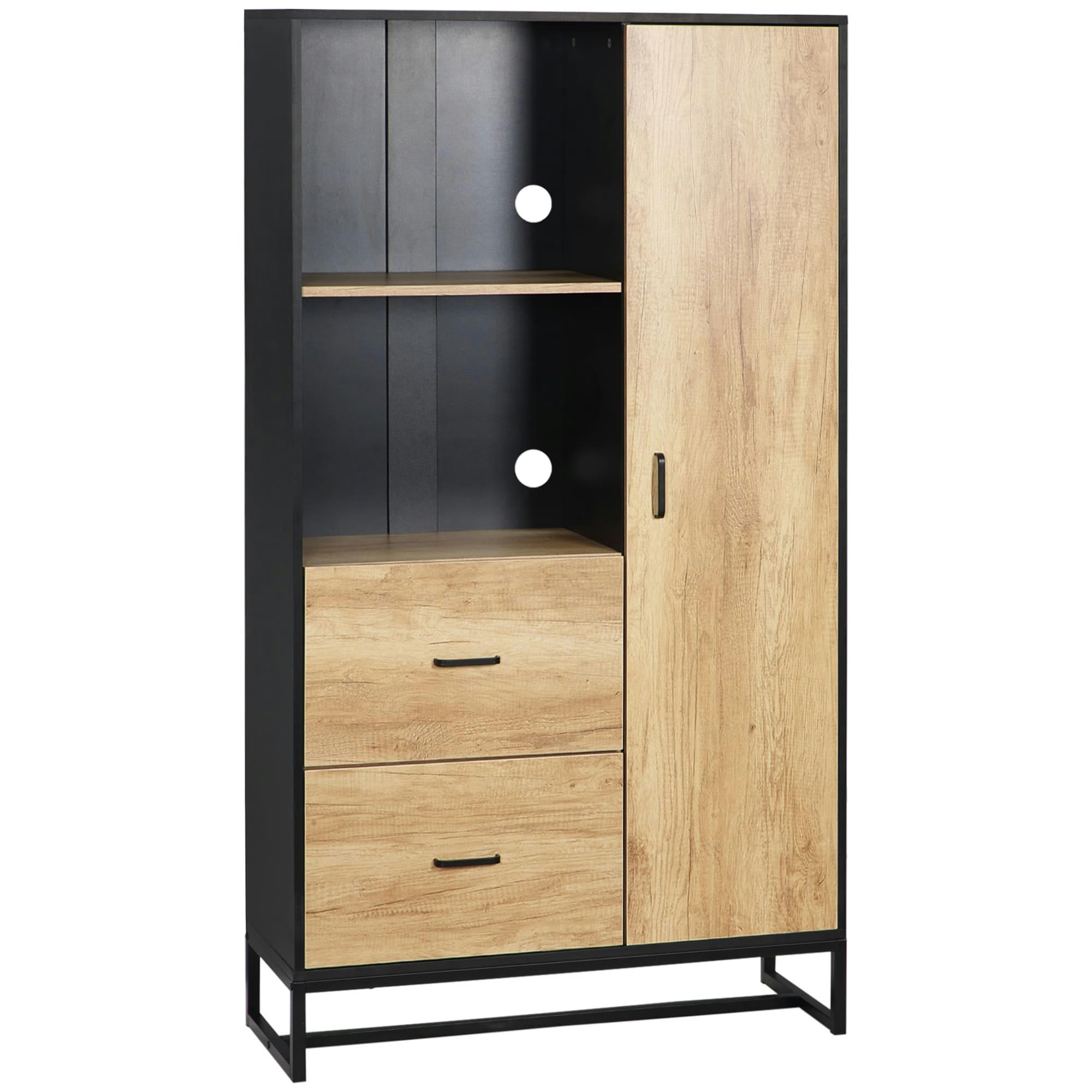 - Buffet haut porte 3 étagères 2 tiroirs 2 niches acier noir bois clair