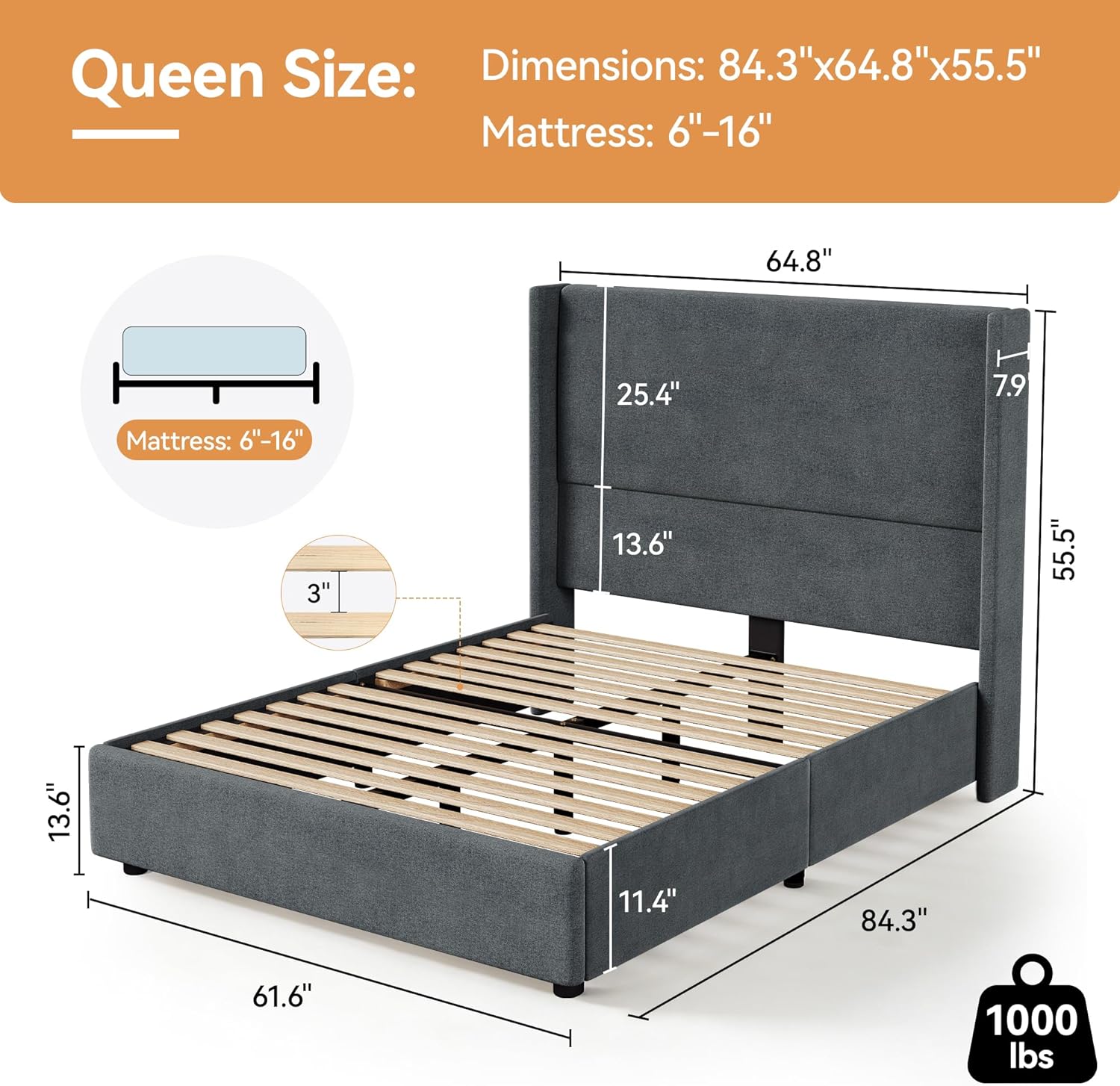 Queen Bed Frame, Upholstered Platform Bed with 55.5 Tall Wingback Headboard, Solid Wooden Slats, Noise-Free Mattress Foundation, No Box Spring Needed, Easy Assembly, Grey