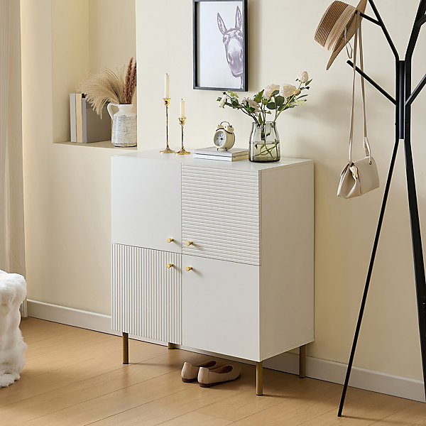 Buffet moderne blanc en MDF avec poignées en alliage de zinc et pieds en acier pour salon, chambre et couloir
