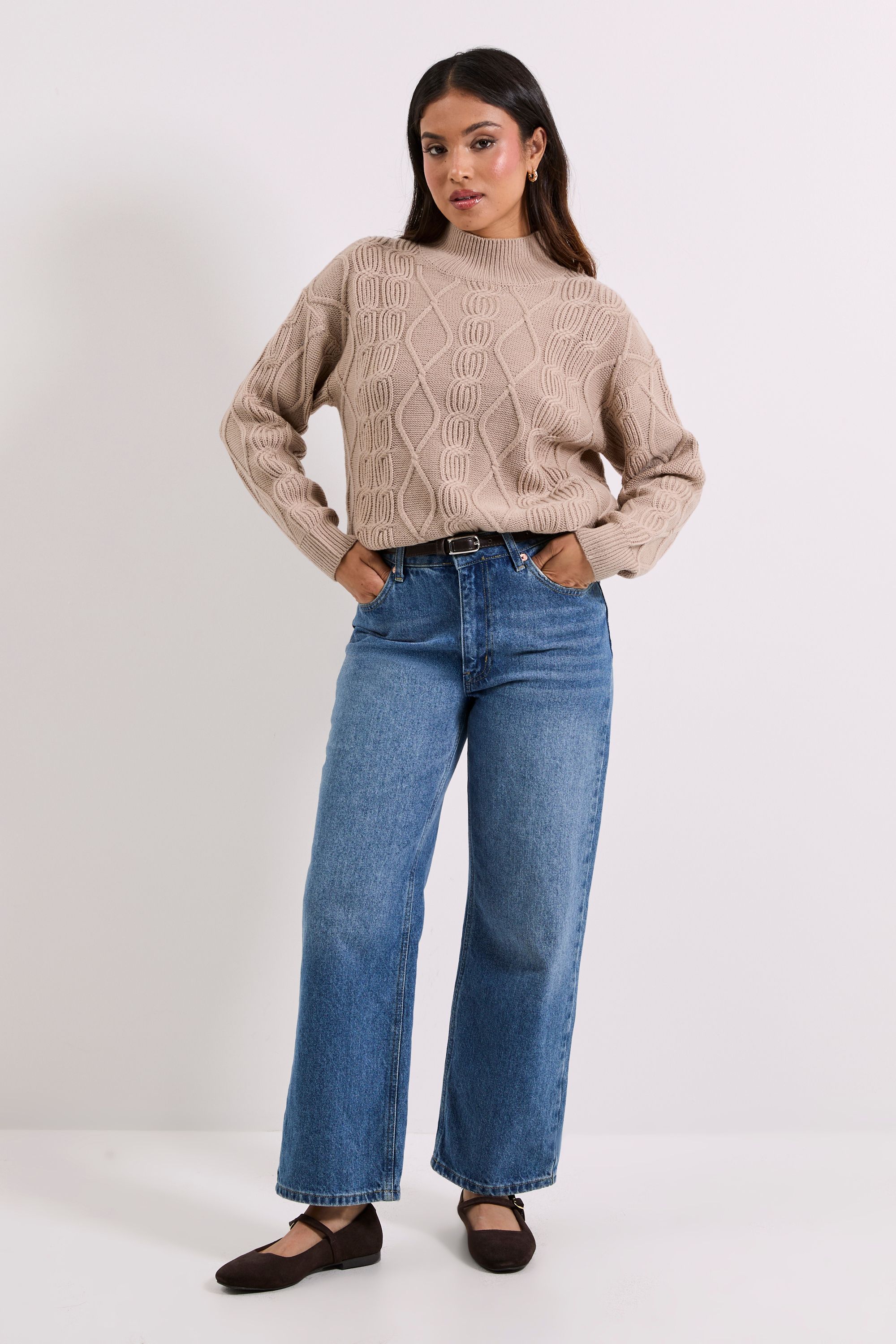Dorothy Perkins Petite Beige Twisted Cable Funnel Longline Jumper