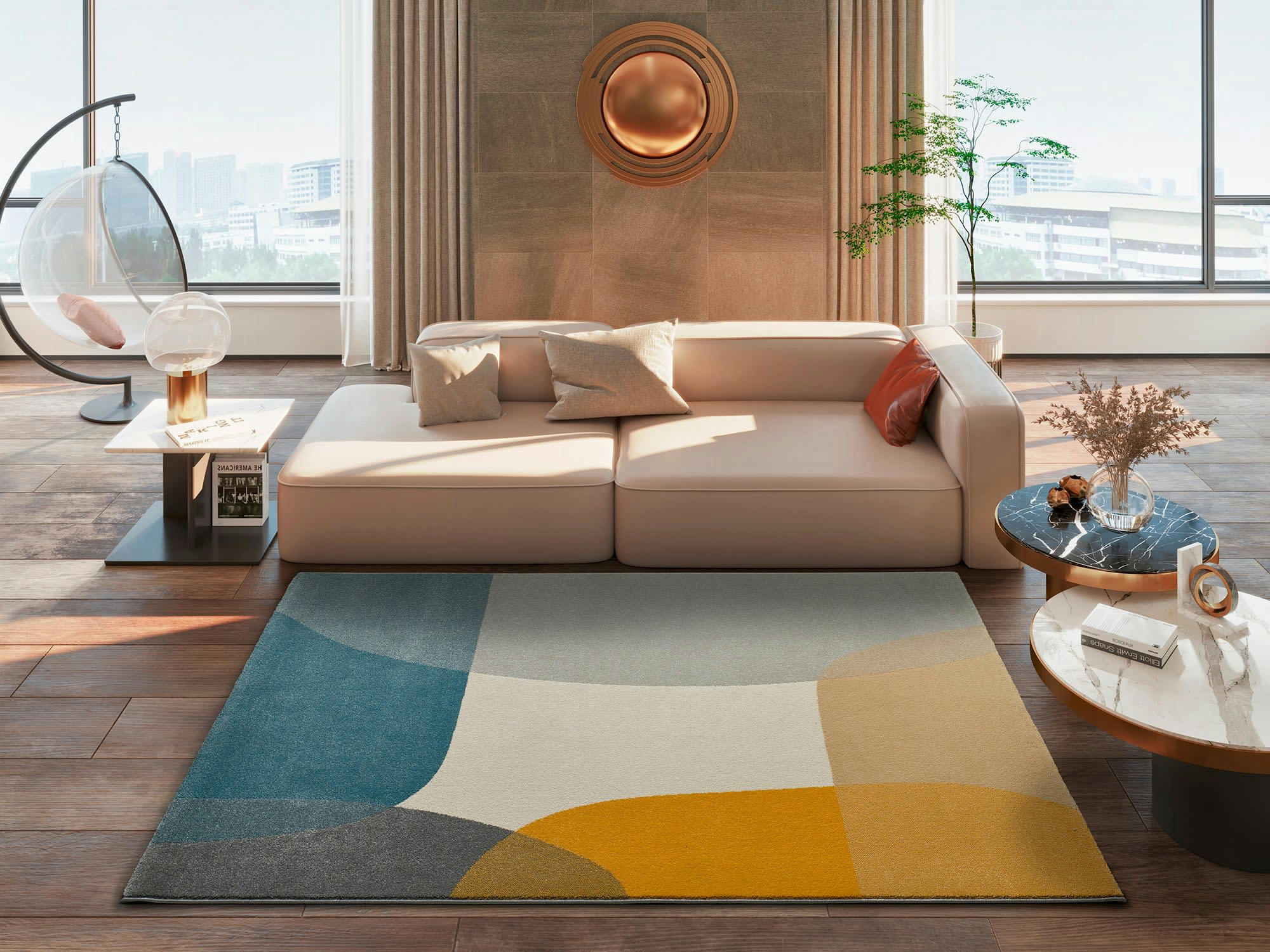 MONIC - Tapis formes en écru, moutarde et bleu, 140x200 cm