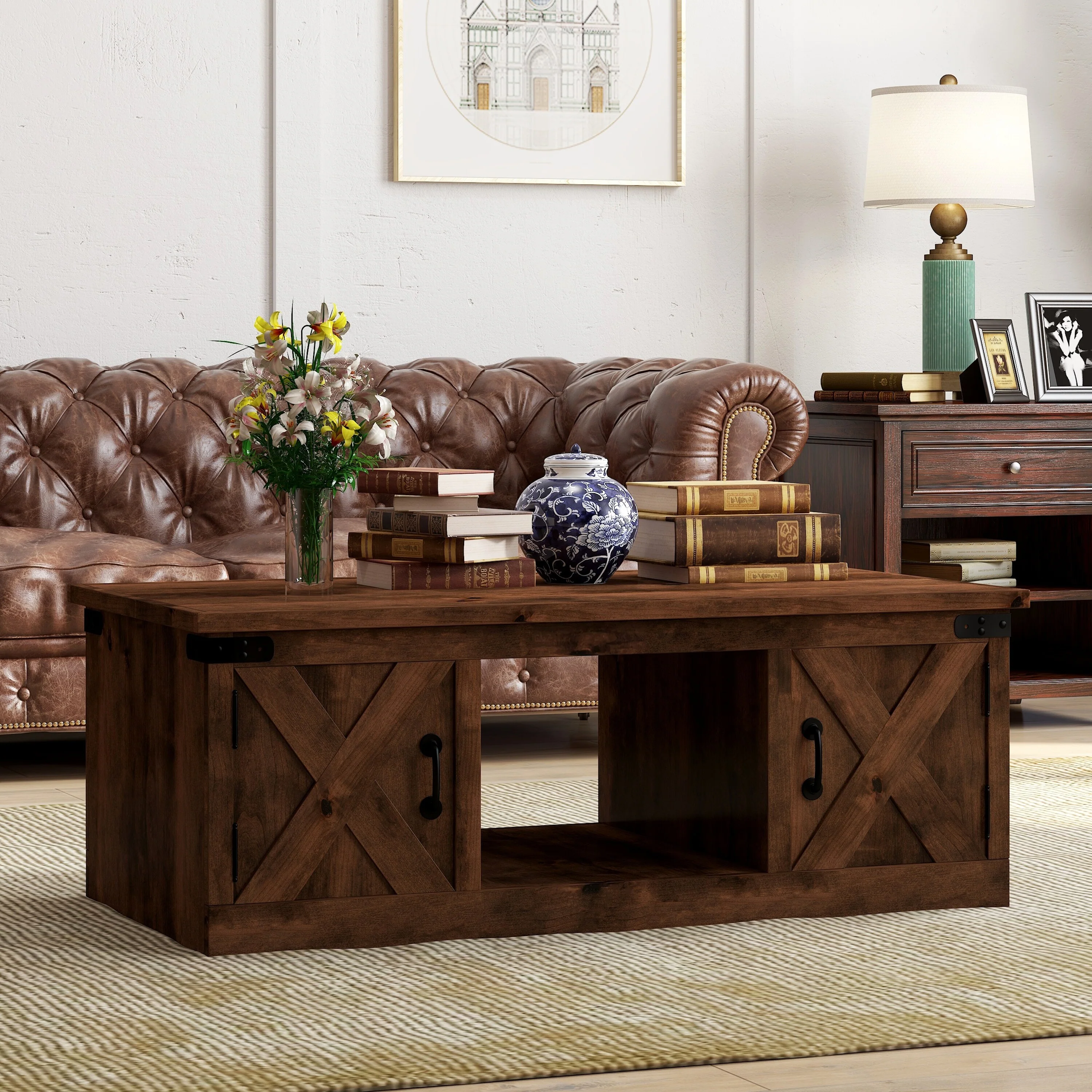 Bridgevine Home Farmhouse 48 inch Coffee Table, No Assembly Required, Aged Whiskey Finish