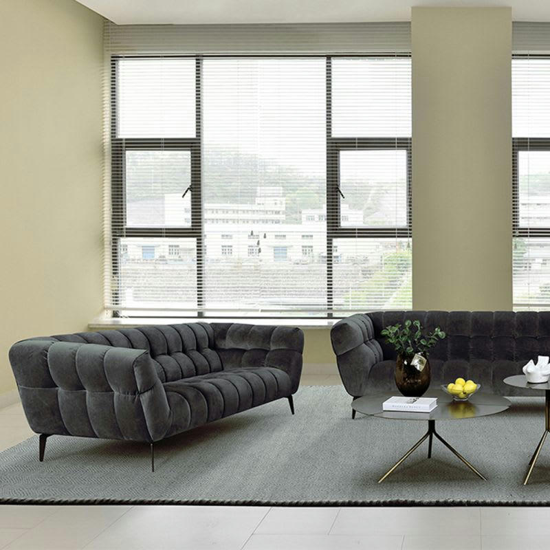 BRIO - Canapé 2 places velours gris capitonné et piètement métal noir