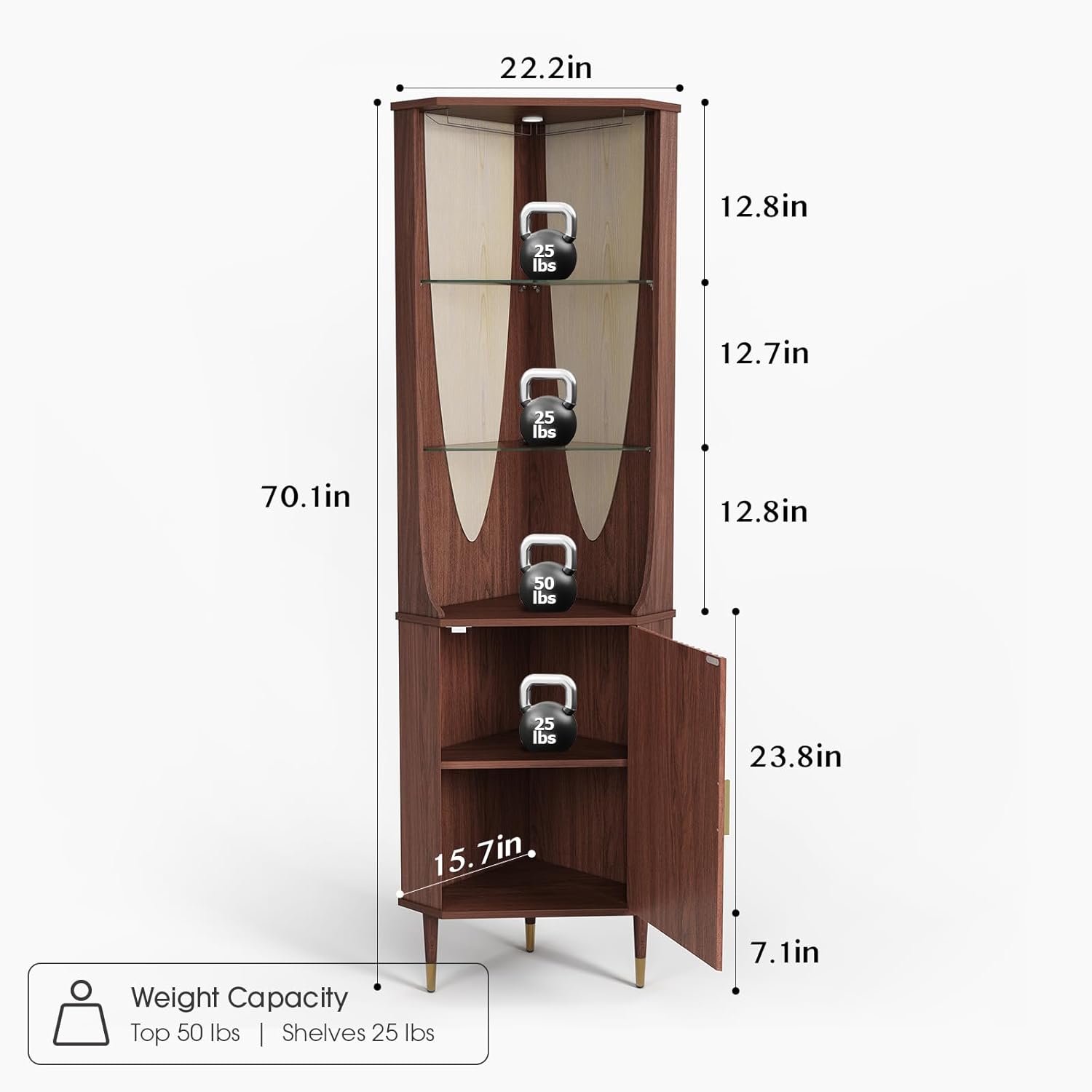 JOINICE 70 Tall Corner Bar Cabinet, Mid-Century Modern Fluted Storage Cabinet with Glass Shelves, Door & LED Lighting, Space-Saving Liquor Cabinet for Living Room, Kitchen, or Dining Room, Walnut