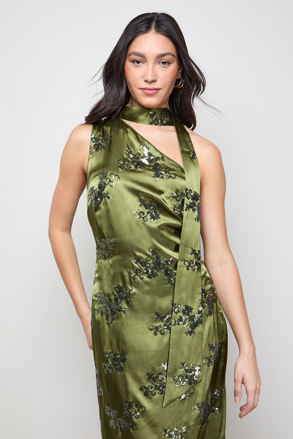Oasis Sequin Satin Tie Neck Midi Slip Dress