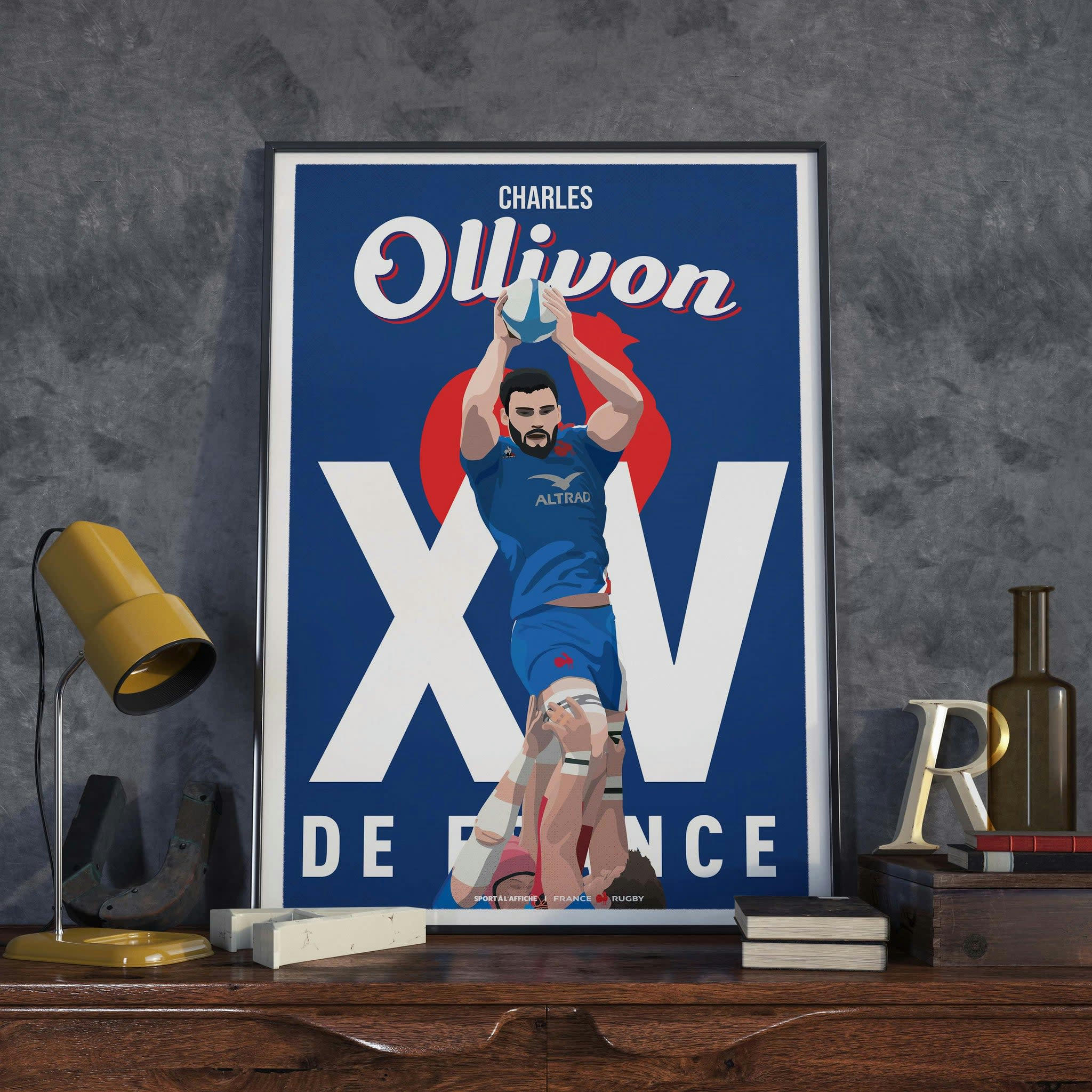FRANCE RUGBY - Affiche XV de France - Illustration Charles Ollivon 30 x 40 cm