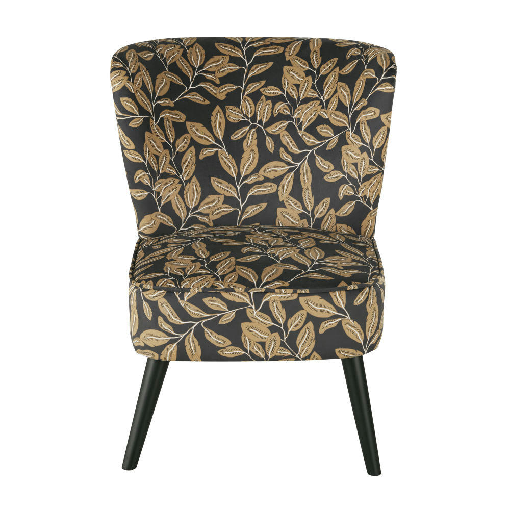 Palm - Fauteuil en velours imprimé végétal noir et marron