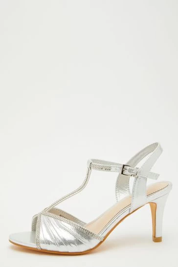 Quiz Silver Shimmer Diamante Strap T-Bar Low Heel Sandals