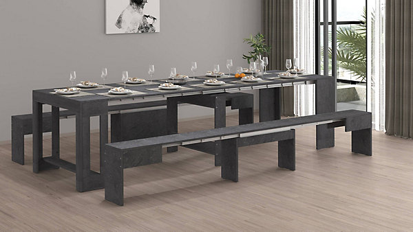Banc Quedan, Lot de 2 Sièges pour table à manger, Bancs extensibles, 290x25h45 cm, Ardoise
