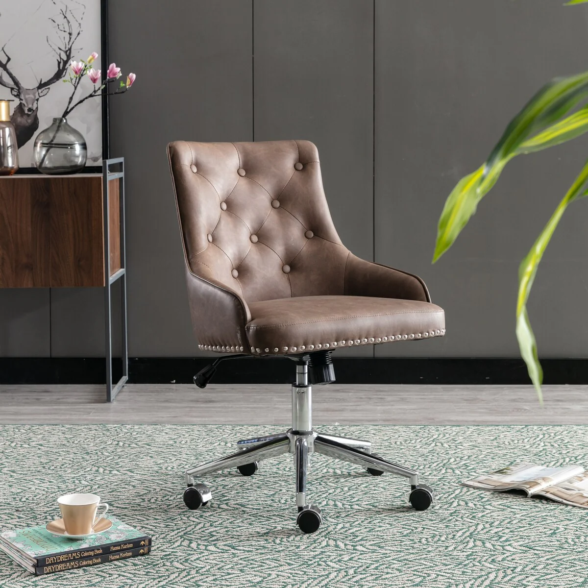 Modern Computer Chair Swivel Height Adjustable Accent Chair with Wheels and Metal Base