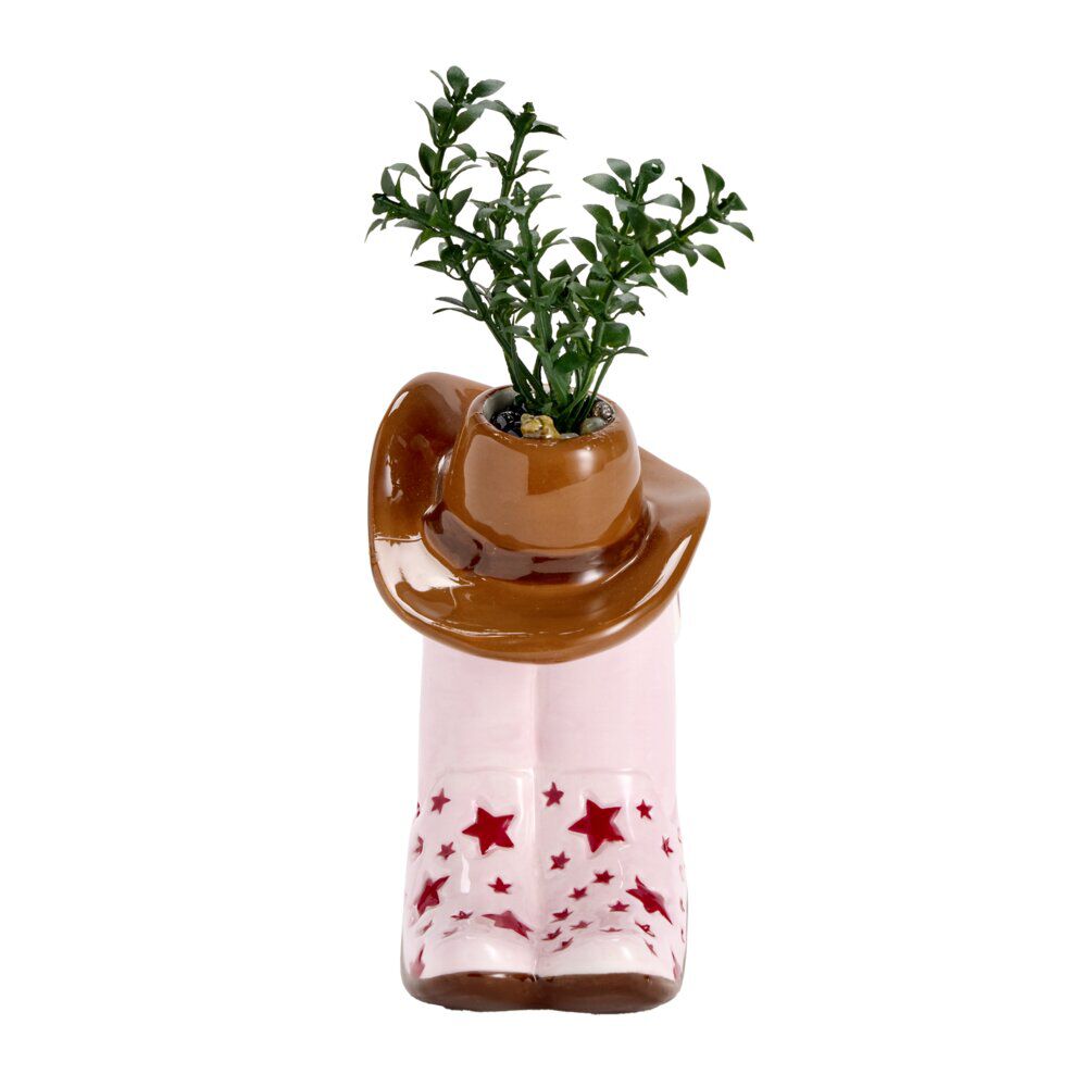 Plante verte artificielle dans pot céramique forme botte cowboy 9x6xH17cm