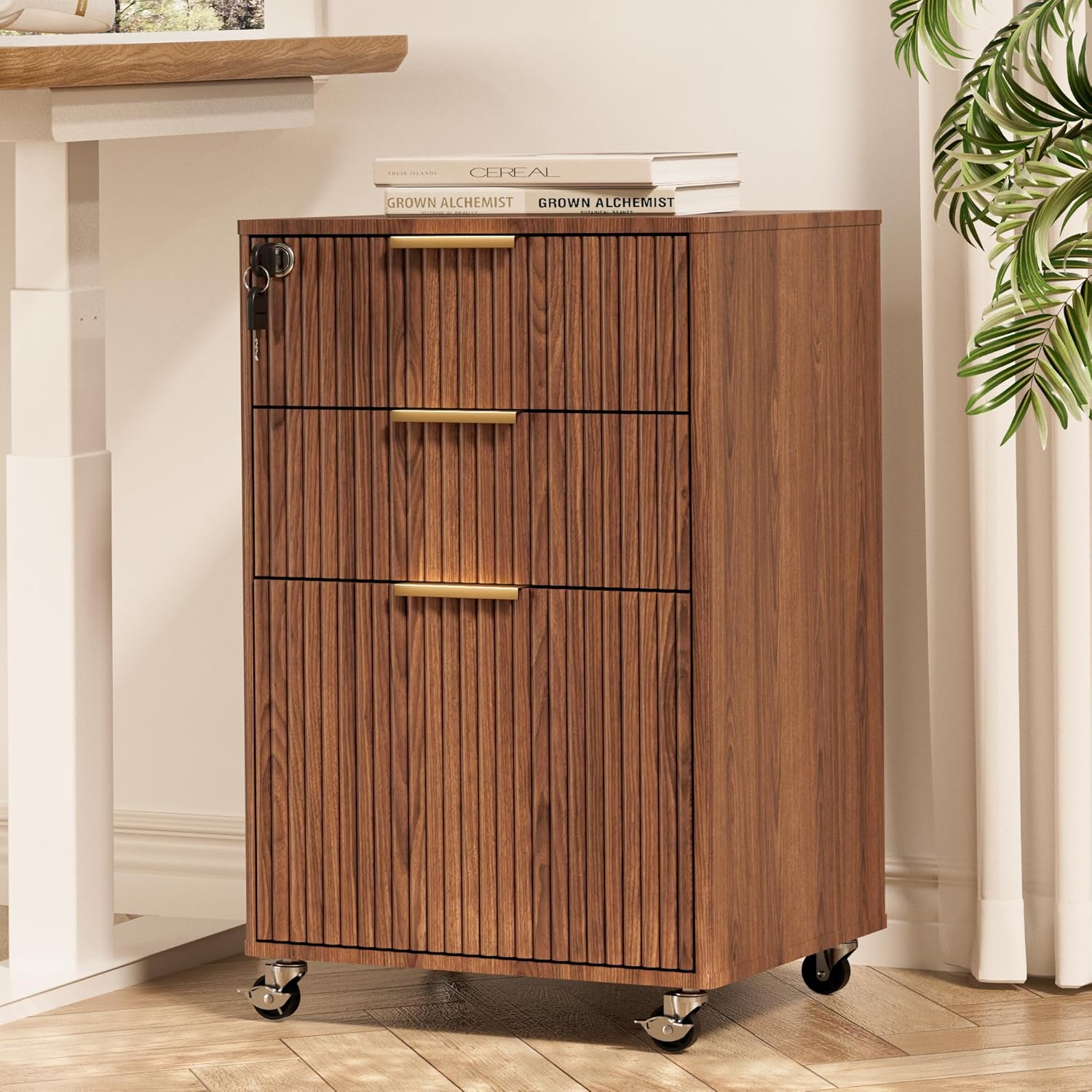 INNOD 3 Drawer Fluted Mobile File Cabinet with Lock, Rolling File Cabinet, Under Desk Wooden Filing Cabinets for Home Office (Walnut)