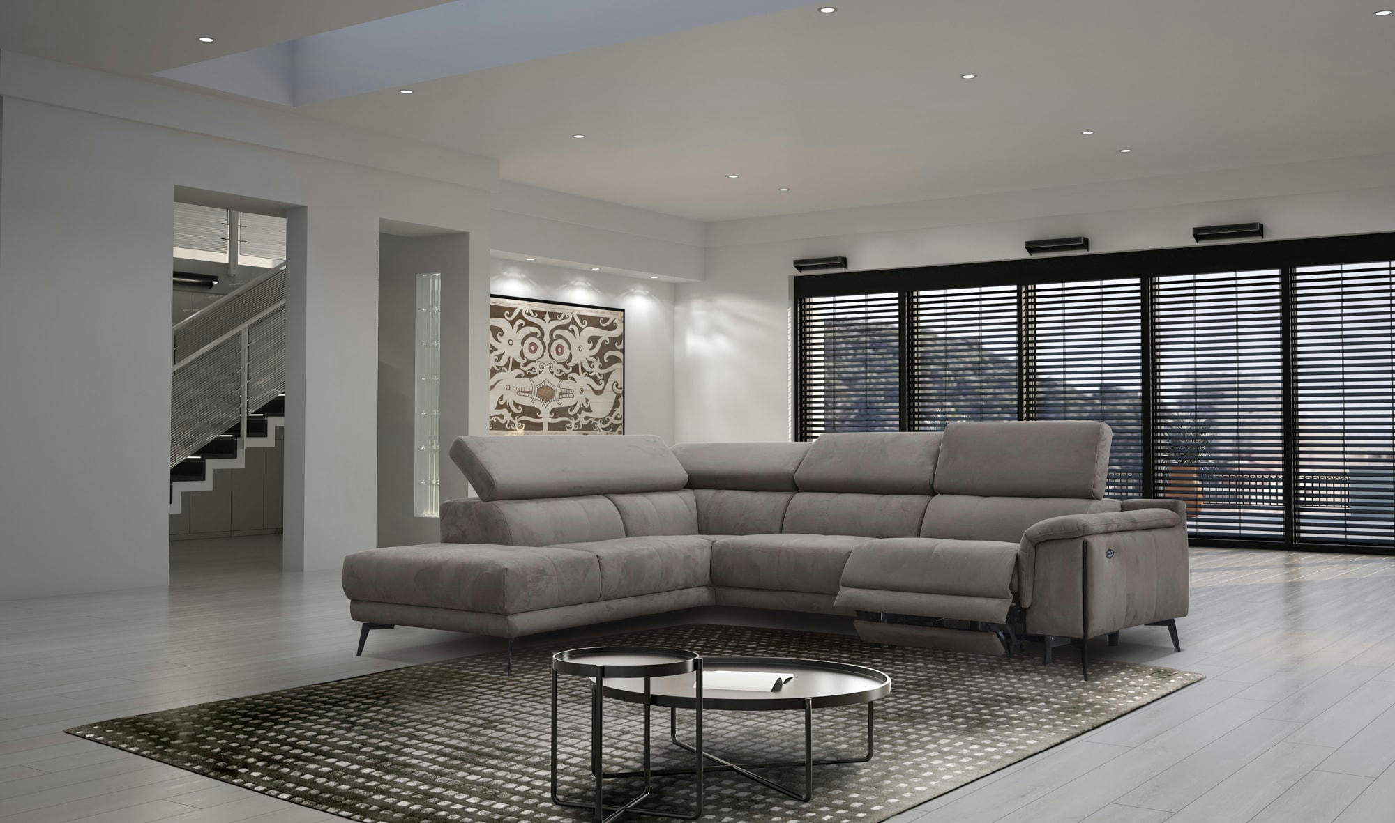 MATERA - Canapé d'angle droit 5 places avec une relax électrique, Tissu Brun