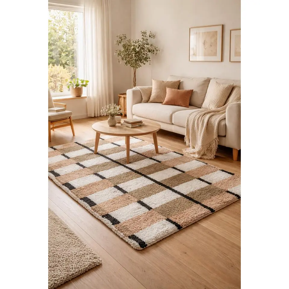 Rechthoekig katoenen tapijt met bruine en ecru motieven 120 x 180 cm