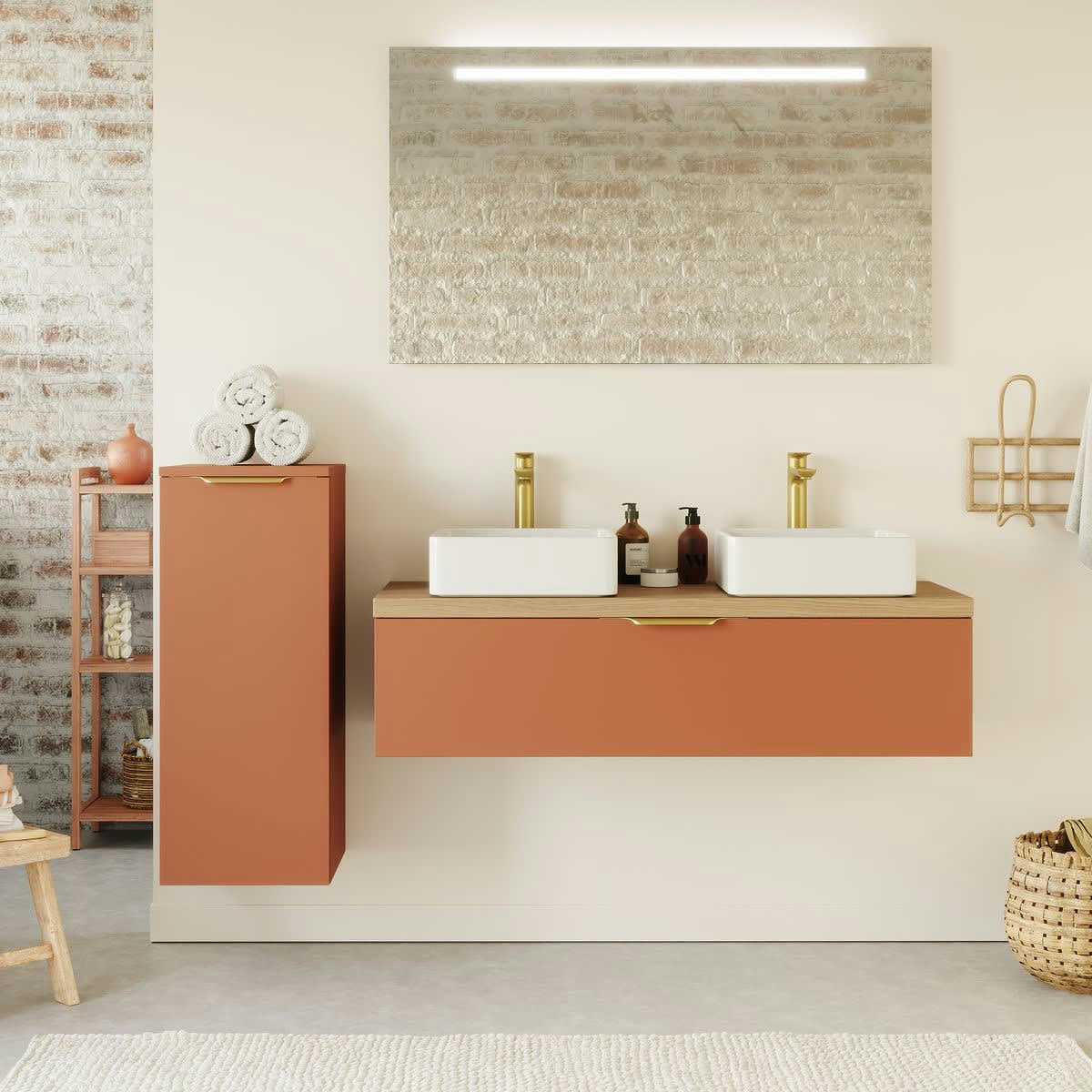 VENICE - Meuble salle de bain 2 vasques posées 120cm 1 tiroir Terracotta