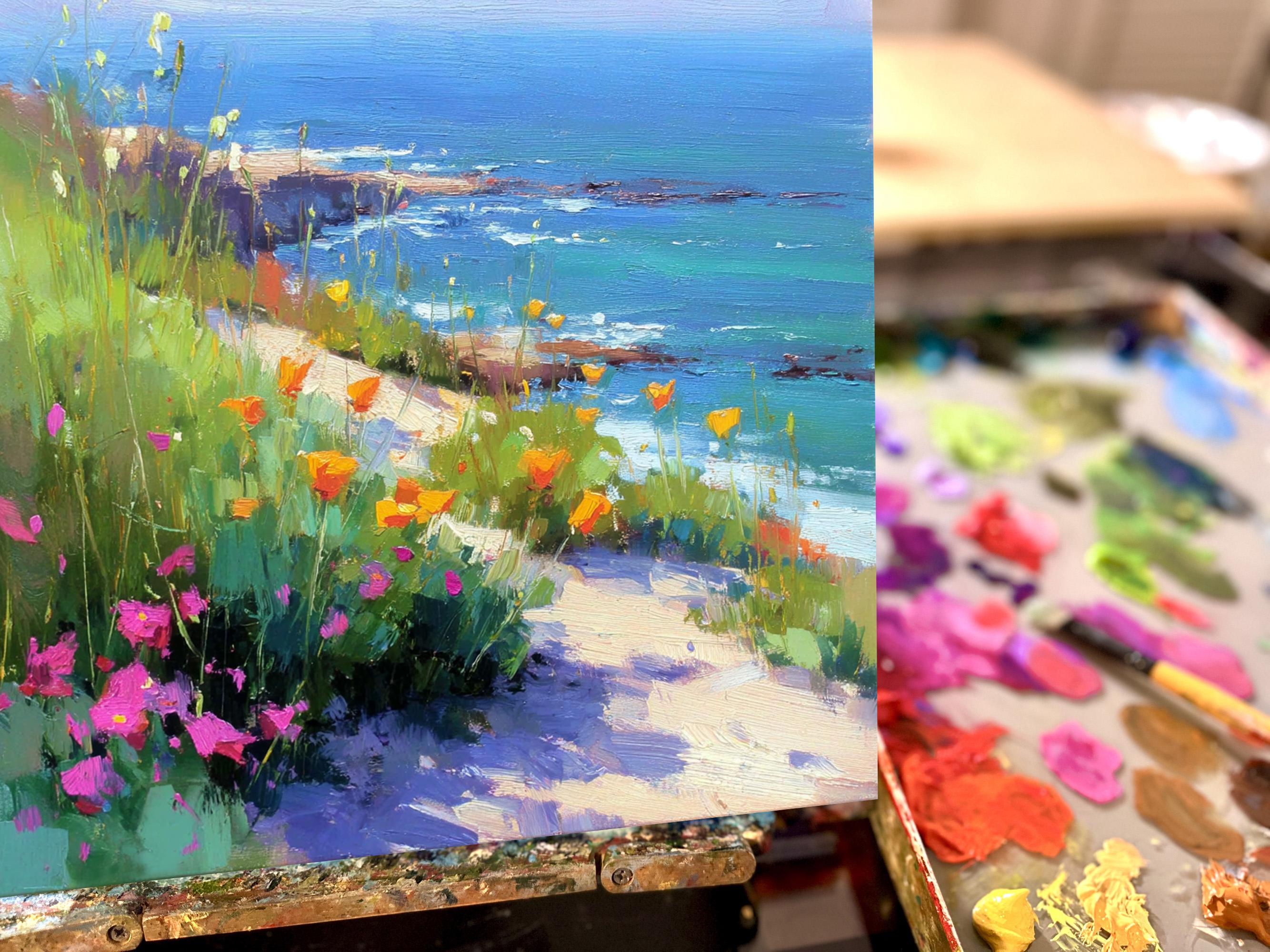 California Poppies Original Oil Painting Ocean Artwork Coastal Landscape Impressionist Art