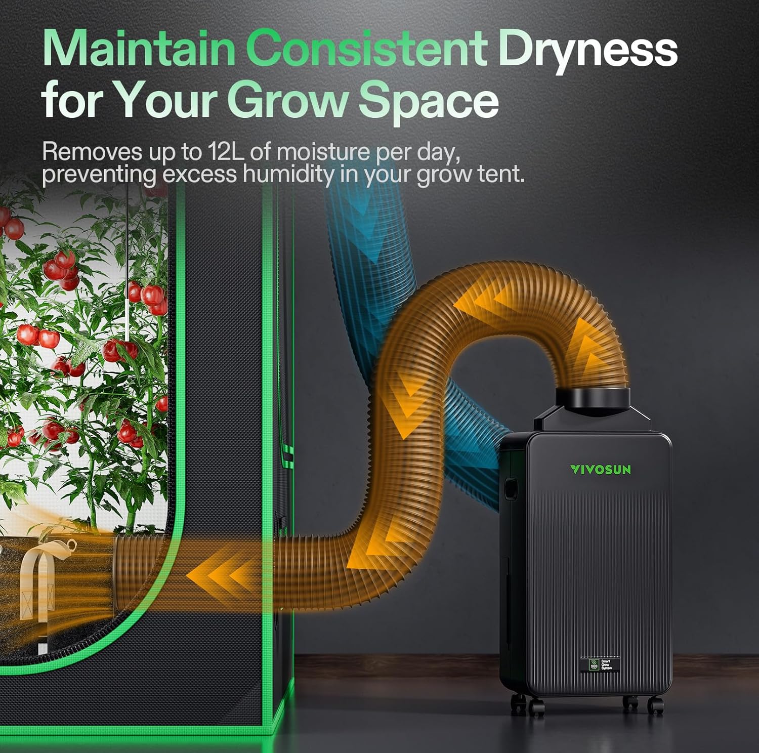 VIVOSUN AeroDrain D12 Smart Environmental Dehumidifier, up to 12L/day, 2L Water Tank, with Temperature & Humidity Sensor Probe, Smart Remote Control, Designed for Grow Tents