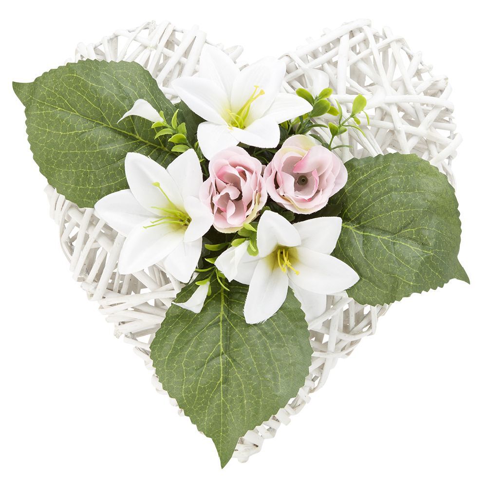 Coeur en rotin   rose artificielle rose blanc H18 cm