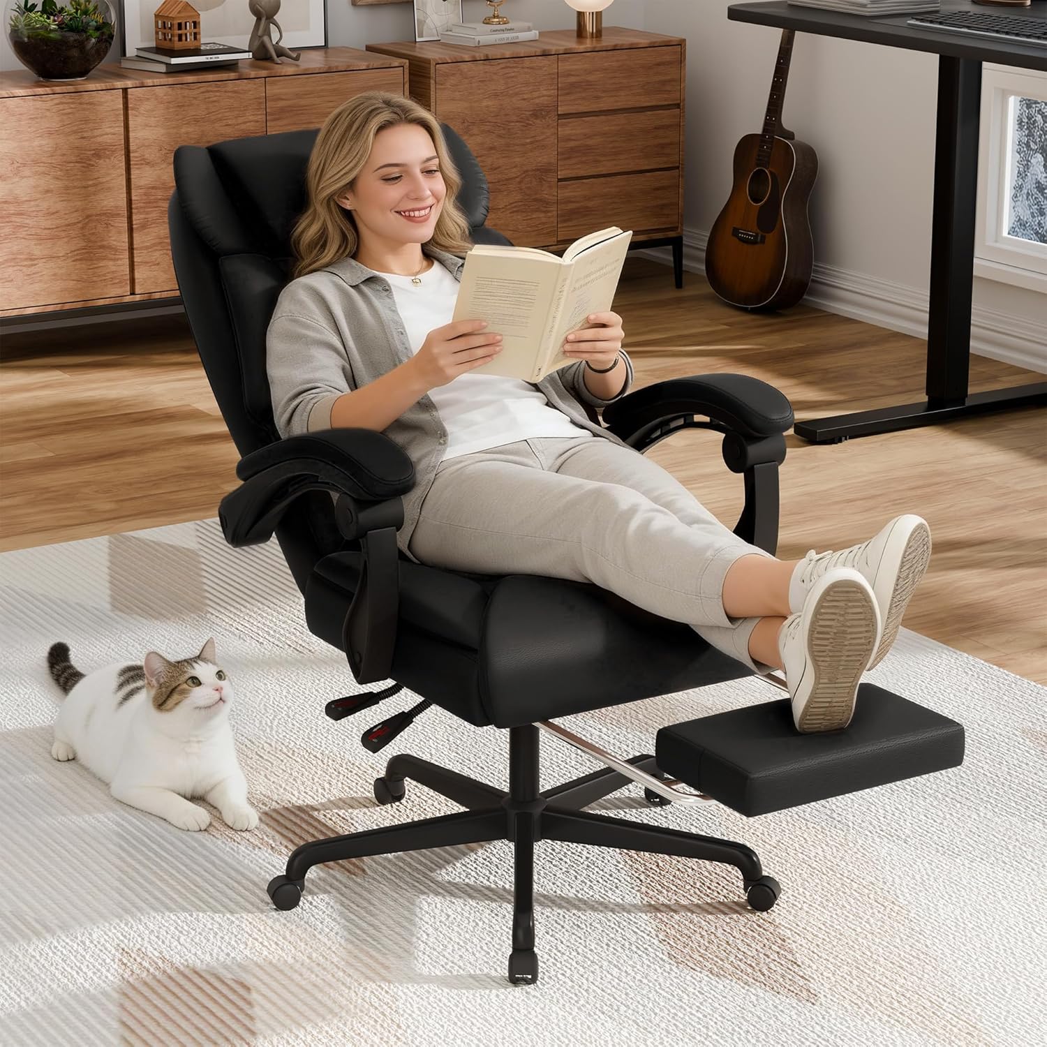Furmax Massage Office Chair with Foot Rest 6 Points Vibration 400LBS Big and Tall Office Chair for Heavy People High Back Reclining Executive Computer Chair for Home Office Desk (Black)