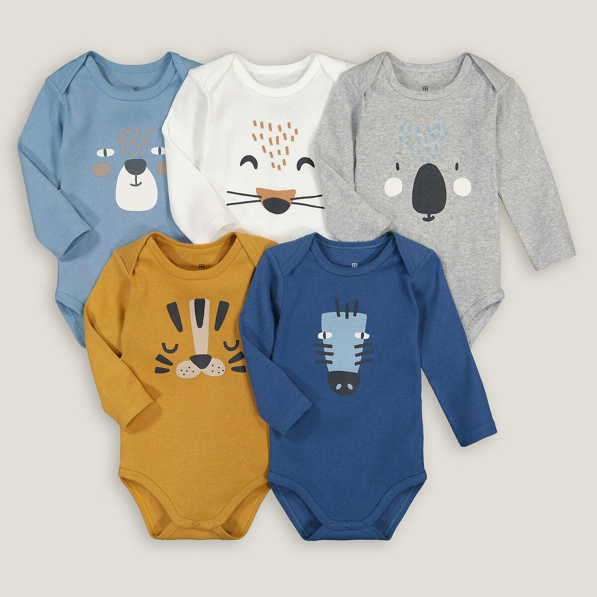 Lot de 5 bodies manches longues, motifs animaliers