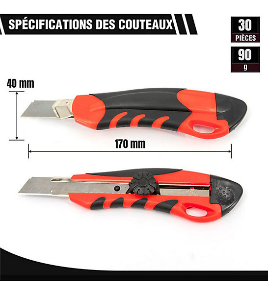 Lot de cutters professionnels Couteau utilitaire rétractable avec système de sécurité 100 lames 18mm Taille - Lot de 30
