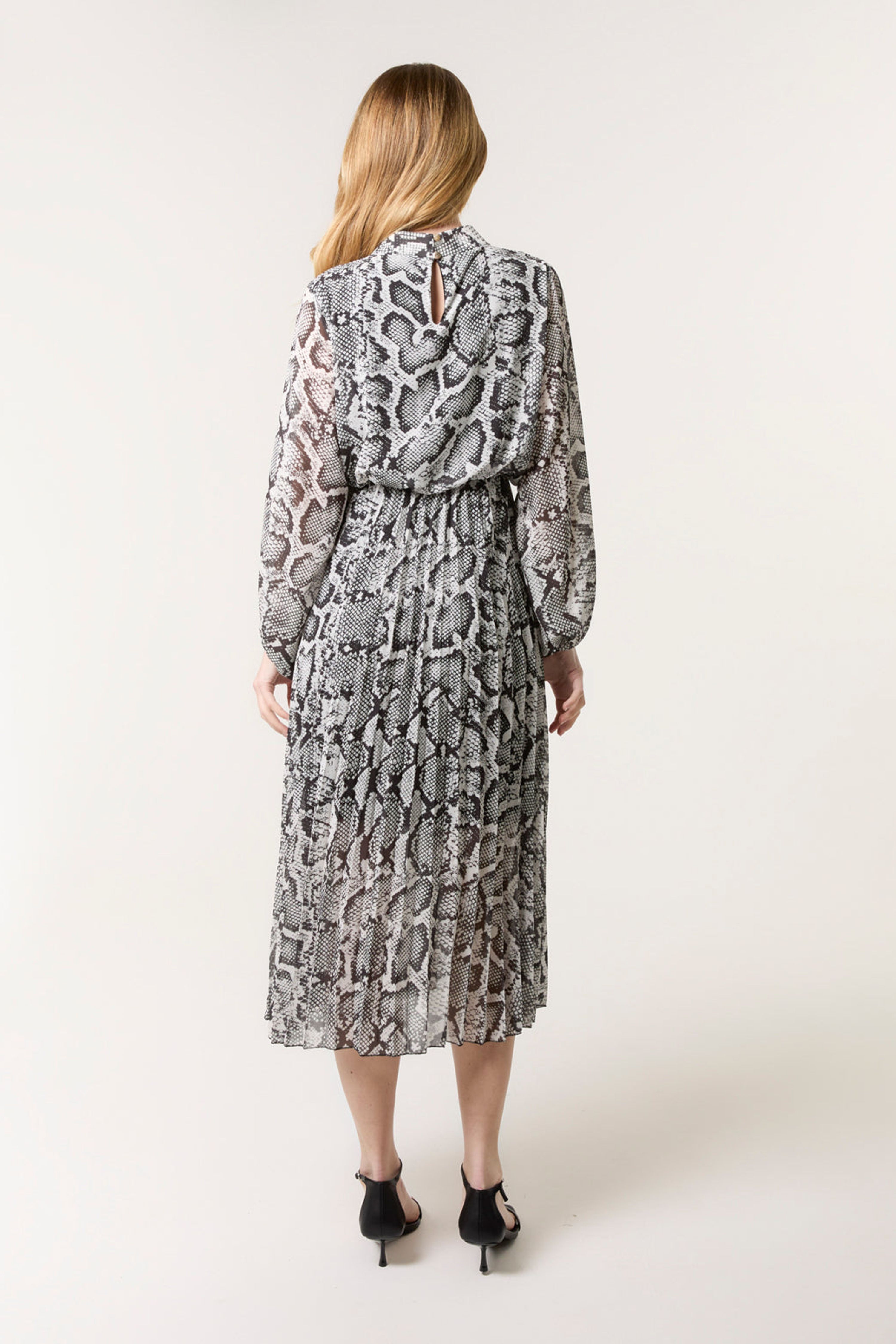 Blue Vanilla Black Snakeskin High Neck Pleat Dress