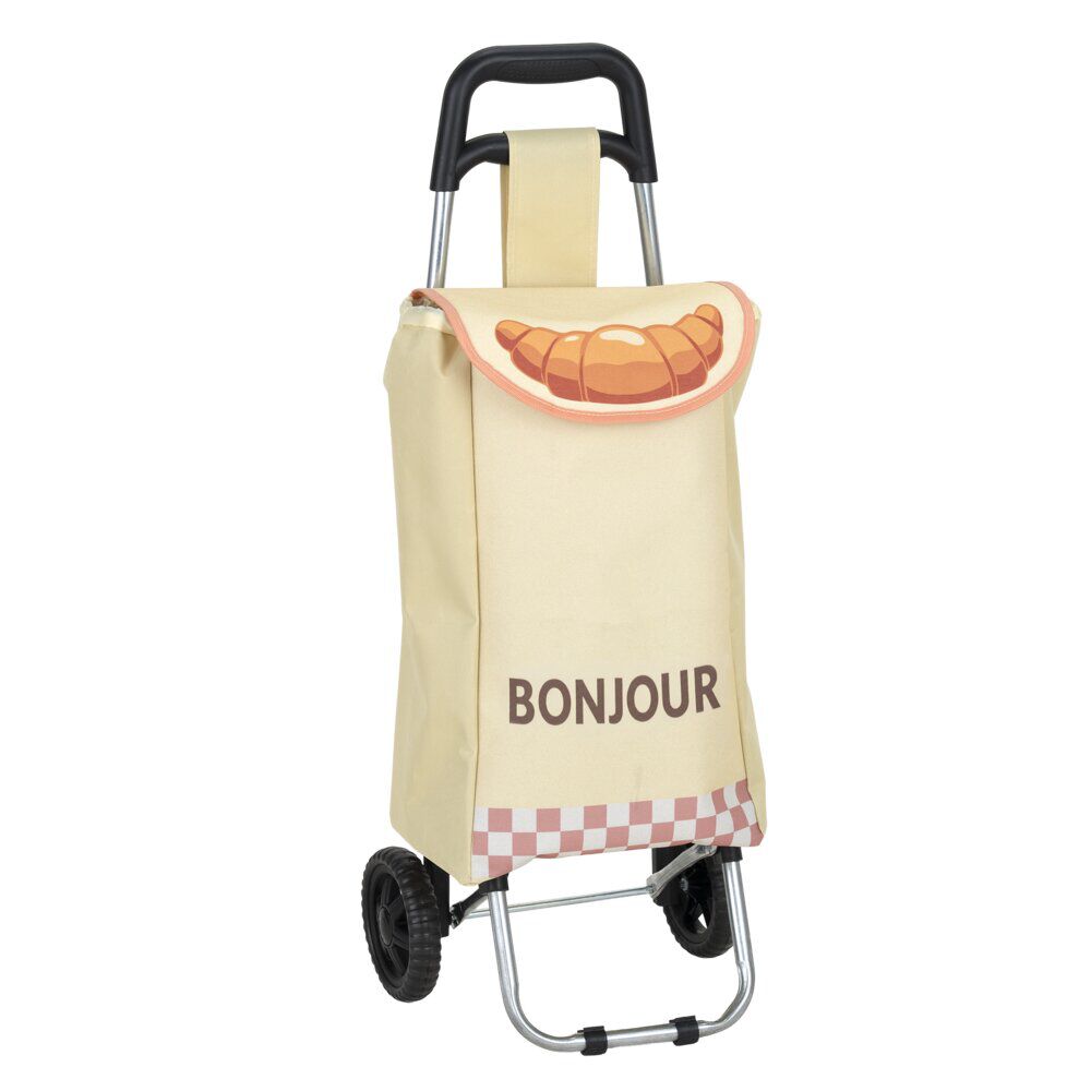 Chariot de courses pliable à roulettes Bonjour motif croissant beige 32x28xH87cm