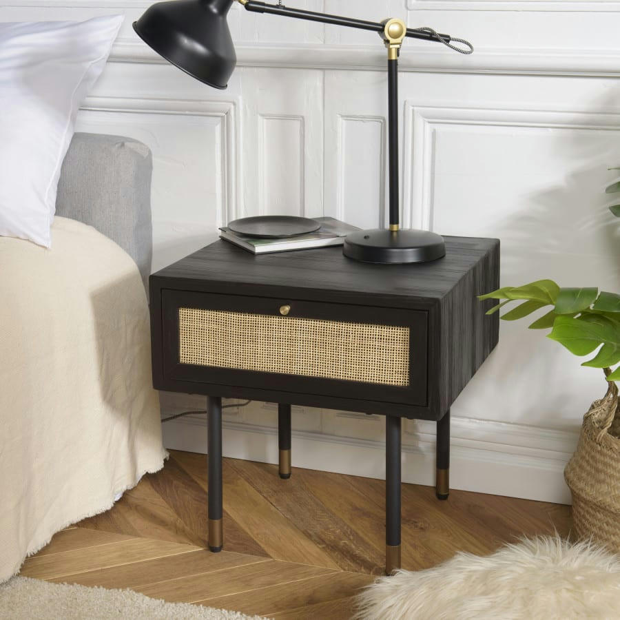 YANIS - Chevet noir 1 tiroir cannage