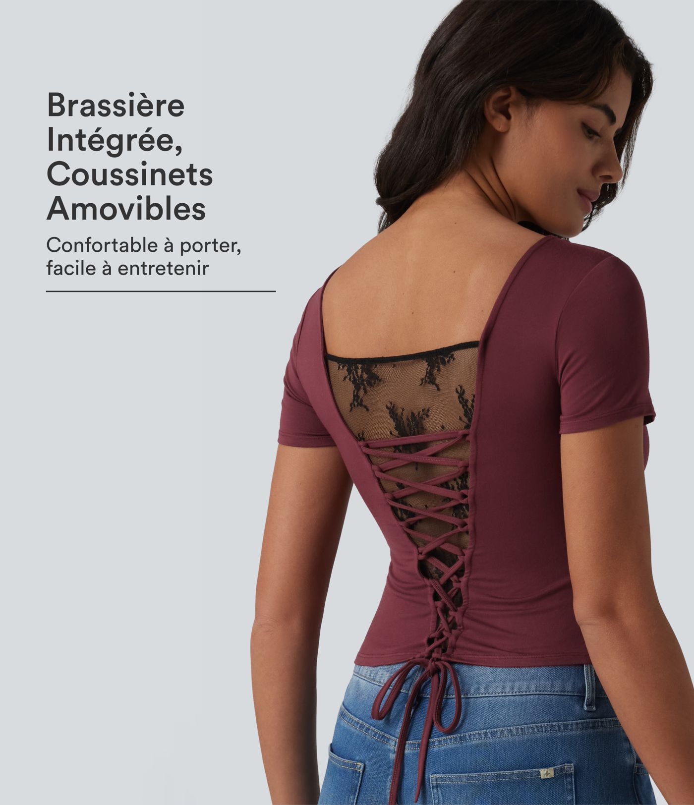 T-shirt casual col U manches courtes avec soutien-gorge intégré, dentelle contrastante et dos à nouer