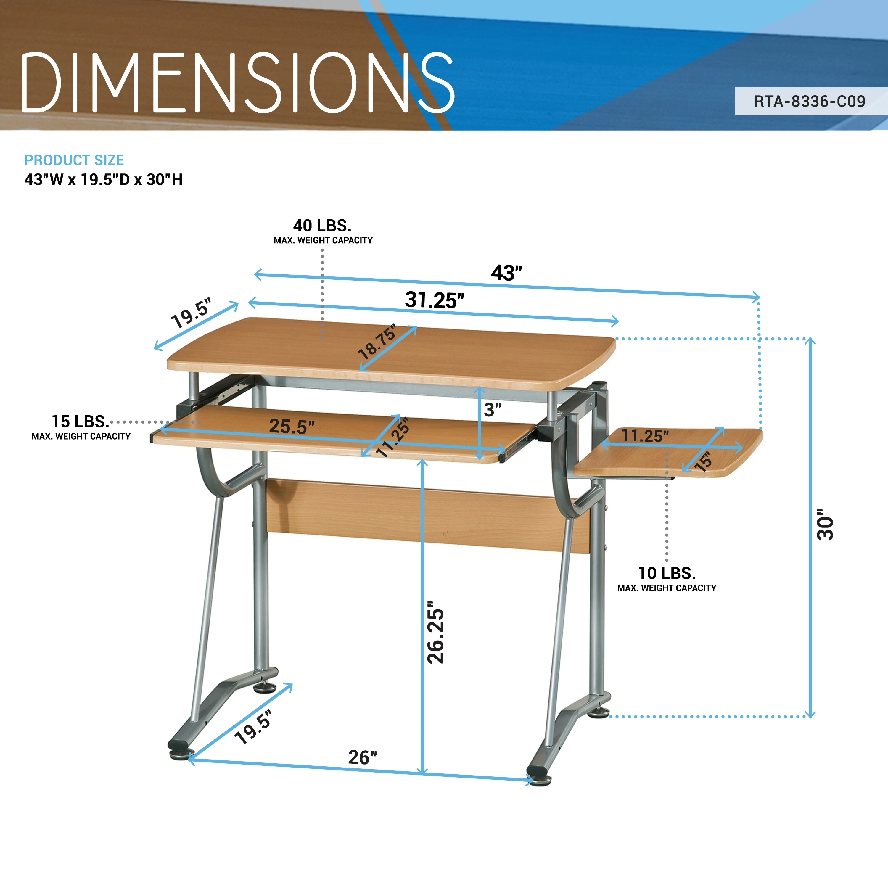 Techni Mobili Compact Computer Desk with Side Shelf and Keyboard Panel