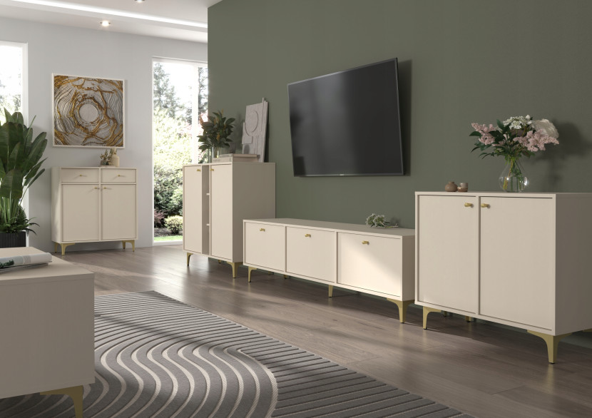 BEŻOWA KOMODA 83 cm AVILA METALOWE ZŁOTE Nogi Uchwyty 2D2S