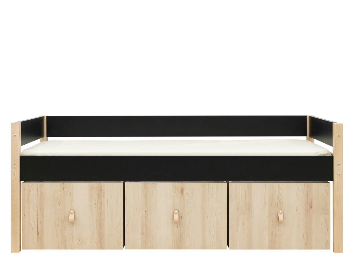 LUCAS - Lit compact 90x200 avec 3 bacs de rangement en MDF et hêtre noir mat